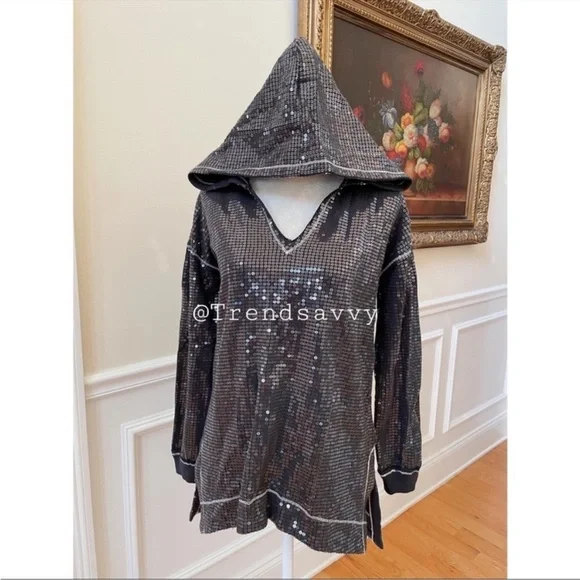 ANTHROPOLOGIE Sequined Hoodie Side Slit Sweater Tunic Pullover Top Black XS NWT - Picture 11 of 13